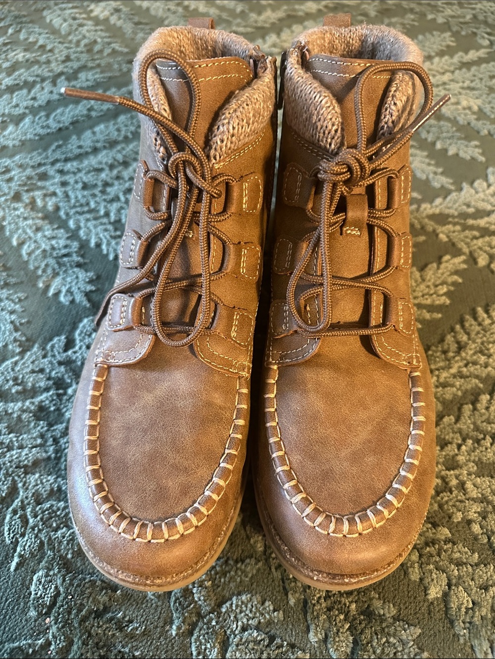 Eurosoft Lorelei  Brown Faux-Leather Lace-Up Ankle Booties with Knit Collar